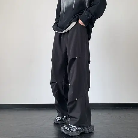 休闲裤子男春秋季工装褶皱设计感美式复古直筒纯色宽松阔腿长裤男商品大图