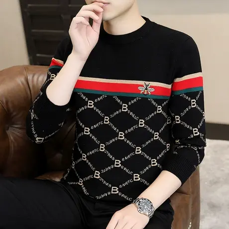 潮流秋冬季男毛衣圆领刺绣针织衫加厚保暖线衣百搭打底衫个性男装商品大图