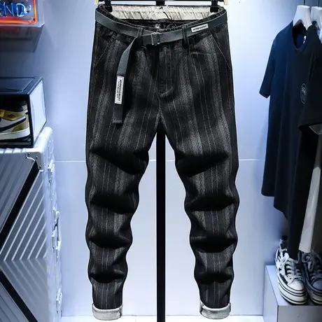 夏季薄款潮牌条纹牛仔裤男士宽松小脚裤子男韩版潮流时尚休闲长裤商品大图