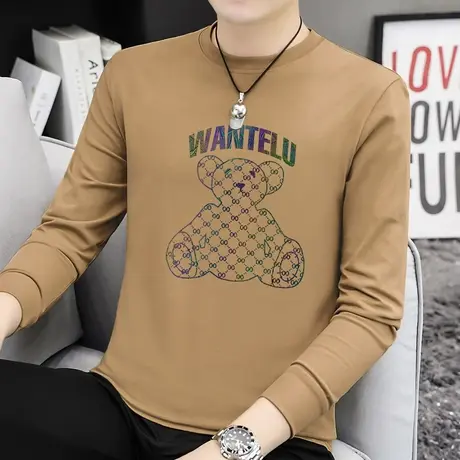 重磅纯棉t恤男长袖2023新款秋季潮流内搭打底衫宽松全棉小熊体恤商品大图