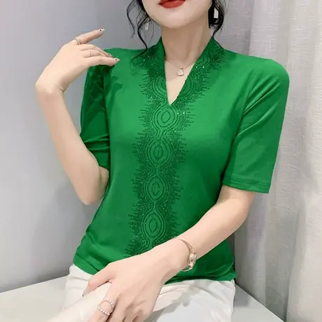 网红中袖T恤女ins2023夏季新款重工烫钻V领小衫纯色百搭独特上衣商品大图