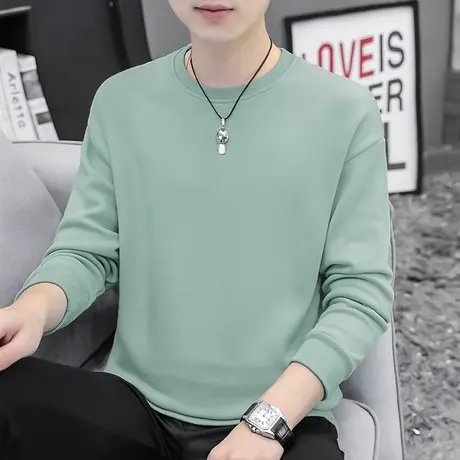 秋季卫衣男潮流百搭加绒加厚圆领纯色春秋款套头无帽宽松长袖t恤商品大图