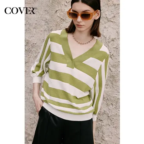 COVER夏季条纹珠片蝙蝠灯笼袖针织衫图片