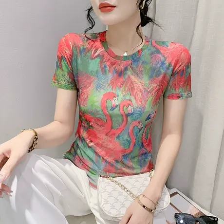 复古印花T恤女短袖气质漂亮小衫性感网纱圆领上衣别致修身半袖ins图片