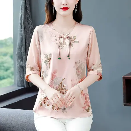 中袖女士衬衣夏季2023年新款真丝气质甜美中国风妈妈装雪纺小衫商品大图