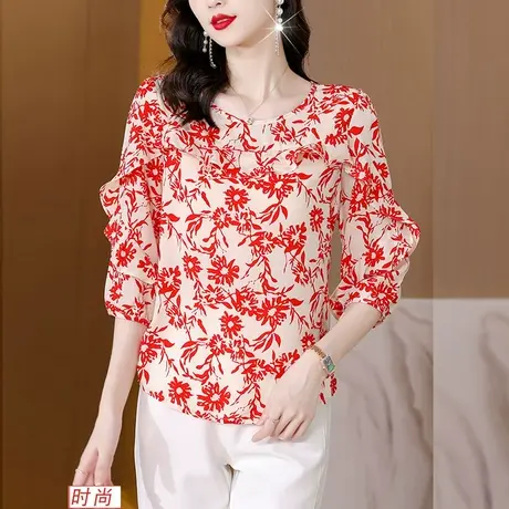 碎花雪纺上衣女七分袖夏季2023新款短袖女漂亮雪纺衬衫女夏小衫女图片