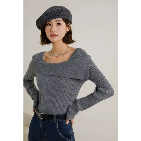 弥古灰色一字肩针织衫春秋外穿内搭毛衣女小众设计感修身打底上衣商品大图