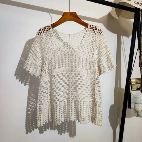 镂空短袖针织衫女夏外穿新款韩版v领设计感小众波西米亚上衣罩衫商品大图