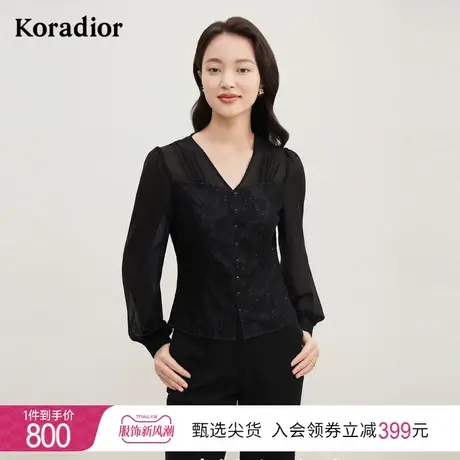 珂莱蒂尔新款黑色蕾丝衬衫上衣女拼接设计感小众衬衣收腰通勤显瘦图片