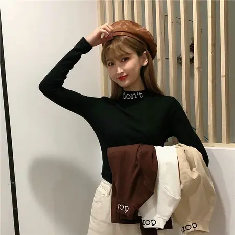 2023秋冬新款白色半高领长袖T恤女绣花韩版修身打底衫女上衣薄款商品大图