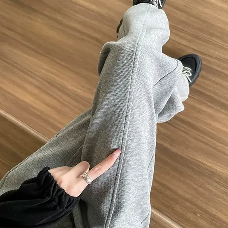 灰色高腰运动裤女2023年春秋新款直筒宽松显瘦束脚百搭休闲灯笼裤商品大图