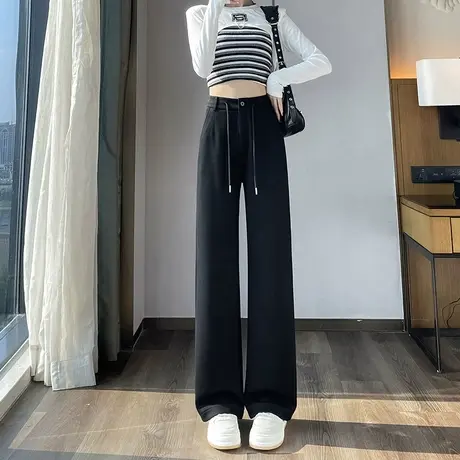 黑色窄版阔腿裤女春秋2023新款高腰垂感梨形身材松紧腰抽绳运动裤图片