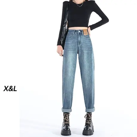 复古哈伦高腰牛仔裤女秋冬季2023年新款加绒显瘦九分胖mm老爹裤子图片