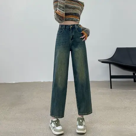 卷边直筒美式复古设计感百搭牛仔裤女秋季高腰显瘦宽松九分阔腿裤商品大图