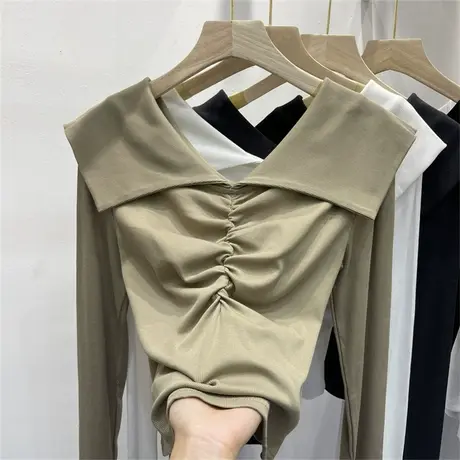 大翻领T恤女春秋2023年新款设计感褶皱洋气修身显瘦短款高腰上衣图片