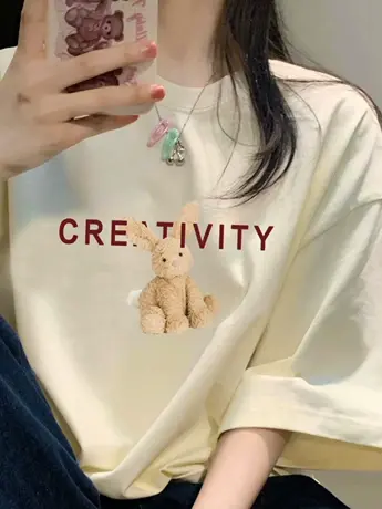 国潮牌oversize杏色短袖t恤女2023新款宽松半袖复古小众仿棉上衣图片