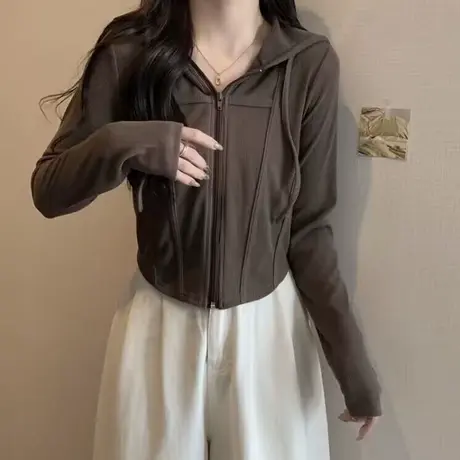 辣妹短款连帽衫T恤长袖女秋冬德绒保暖洋气内搭外穿打底衫上衣潮商品大图