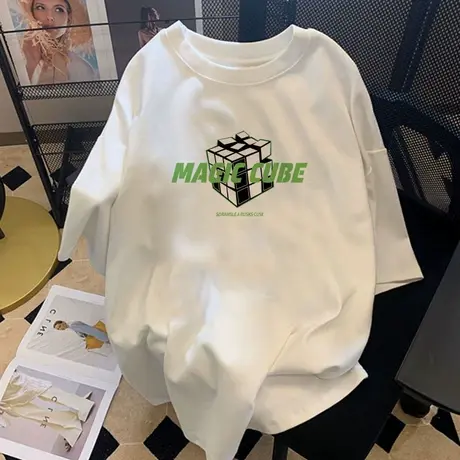 vintage圆领复古白色t恤女大码oversize别致街头风短袖洋气ins潮商品大图