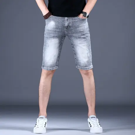 高档烟灰色超薄牛仔短裤男款五分裤子男弹力浅色休闲中裤高端潮牌商品大图