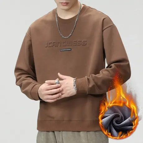 秋冬款男装纯色重磅圆领卫衣冬季男生加绒加厚保暖痞帅长袖上衣服商品大图