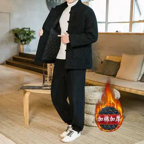 冬季中国风男棉衣套装加厚保暖两件套复古休闲中式盘扣灯芯绒外套图片