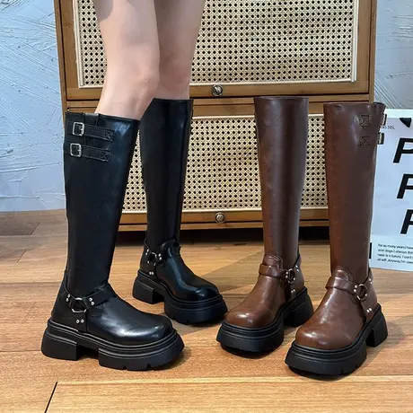棕色靴子女长筒靴小个子2023新款秋冬复古长靴显瘦厚底高筒骑士靴图片
