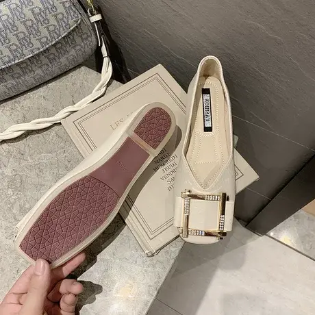 方头单鞋女2023春夏季新款百搭平底晚晚风温柔豆豆鞋方扣软底瓢鞋商品大图