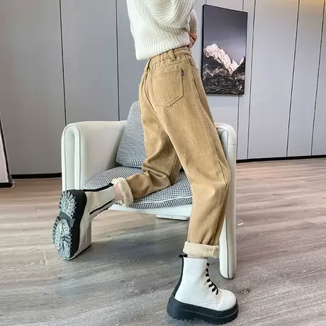 牛仔裤2023年新款女加绒秋冬季加厚高腰显瘦九分卡其色哈伦老爹裤商品大图