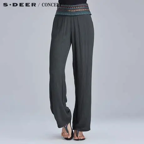 sdeer圣迪奥女民族风情绣花阔腿长裤S16280820商品大图