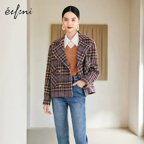 【商场同款】伊芙丽外套女21年冬季新款翻领复古格纹1CC112511商品大图