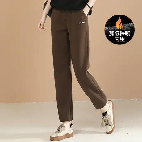 韩潮袭人松紧腰刺绣加绒运动卫裤女2023冬装新款束脚休闲裤子厚图片
