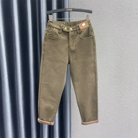 欧货时尚贴布牛仔老爹裤女2023冬季新款加绒保暖宽松显瘦哈伦裤潮图片