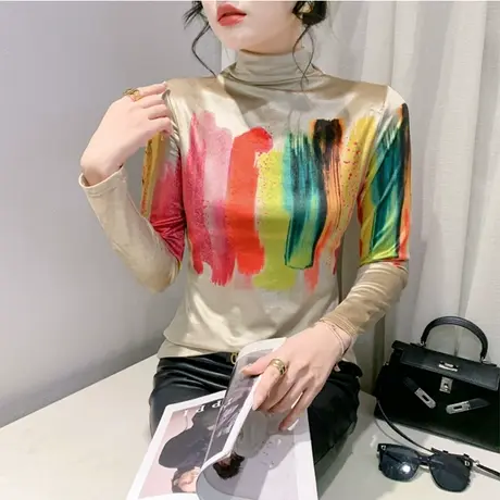 欧货时尚撞色印花金丝绒打底衫长袖洋气减龄内塔上衣女修身T恤ins商品大图