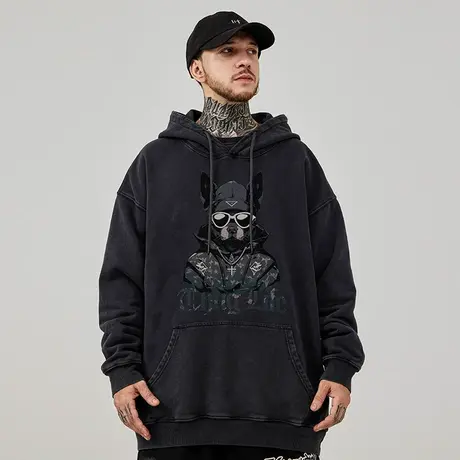 大码连帽美式重磅复古胖子男装潮流宽松水洗做旧狗头卫衣加绒秋冬图片