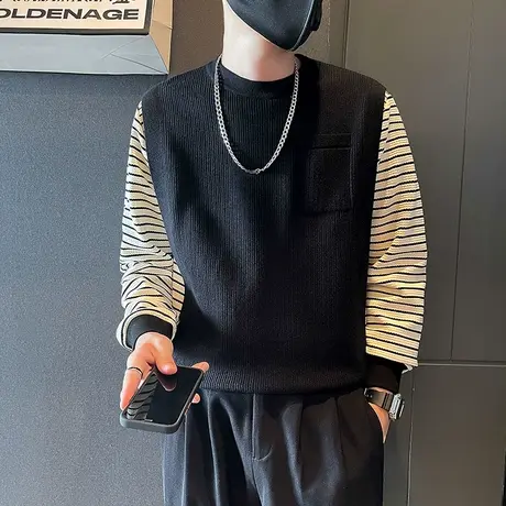 2023新款春秋针织毛衣韩版假两件拼接条纹休闲卫衣潮ins打底衫图片