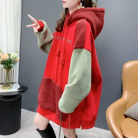 中长款拼色加绒加厚连帽卫衣女秋冬外穿宽松洋气减龄羊羔外套上衣图片