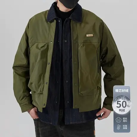 男装潮牌痞帅设计感假两件翻领羽绒服秋冬季新款保暖牛仔夹克外套商品大图