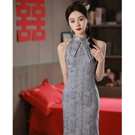 新中式晨袍新娘伴娘婚礼改良性感旗袍新款2023女夏季高级感小个子商品大图