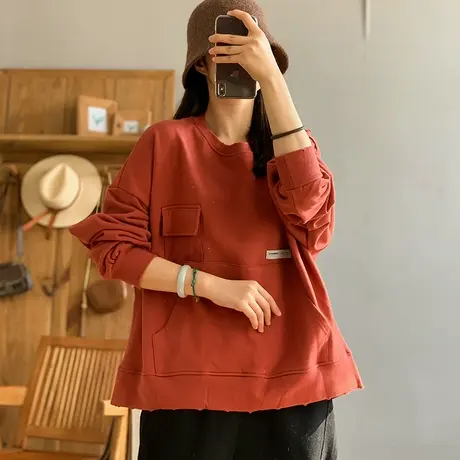dza 复古纯色全棉口袋圆领卫衣女春秋新款宽松长袖休闲套头上衣女图片