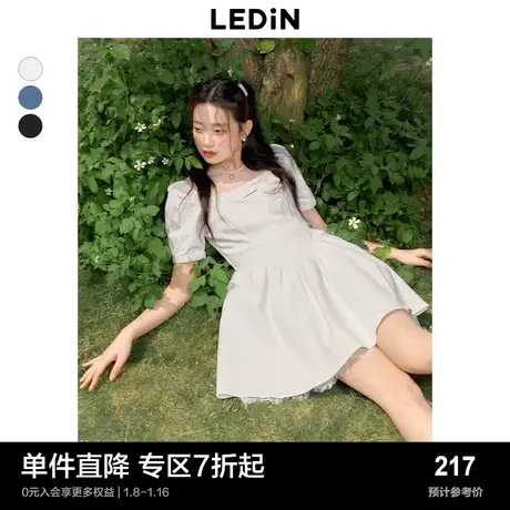 乐町蕾丝拼接牛仔裙夏季女百褶设计感芭蕾风泡泡袖法式连衣裙图片