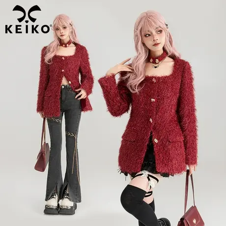 KEIKO 新年红色长绒毛呢外套2024春季小香风方领修身显瘦西装上衣图片
