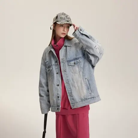 复古做旧破洞牛仔外套女春季2024新款水洗情侣装夹克宽松潮牌上衣商品大图