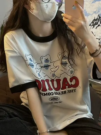 日系复古纯棉短袖t恤女撞色小众设计感夏季宽松圆领港味chic上衣商品大图