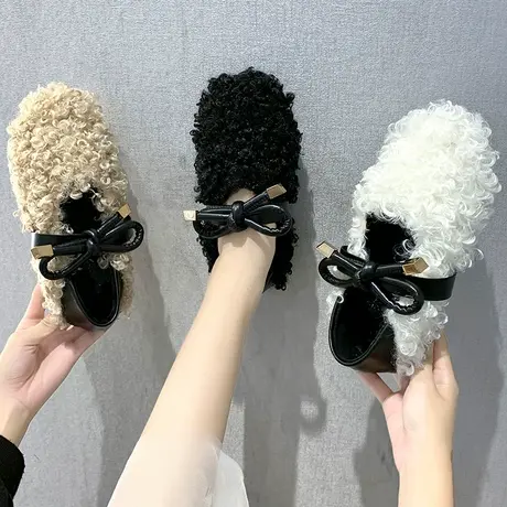 2020年冬季羊羔毛女平底豆豆鞋泰迪卷毛毛鞋加绒加厚外穿棉瓢鞋潮商品大图
