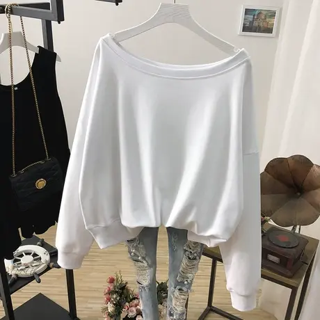 春秋季一字领卫衣女小性感露香肩大码宽松显瘦蝙蝠袖薄款上衣纯色图片