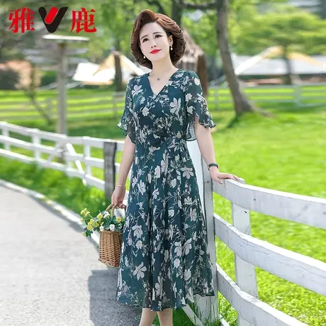 雅鹿妈妈气质连衣裙女夏装新款中老年洋气雪纺短袖V领碎花长裙子商品大图