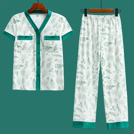 纯棉无杯式家居服套装夏胸前口袋防凸点开扣睡衣商品大图