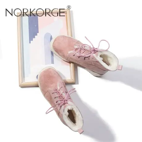 2023新款冬季复古仙女风文艺粉色系带真毛雪地靴女真皮圆头马丁靴商品大图