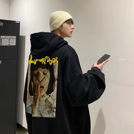 宽松卫衣男秋冬季潮牌连帽套头oversize潮流印花外套百搭休闲衣服商品大图