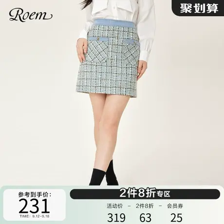 Roem春秋 新品商场同款时尚复古格纹小香风半身裙高腰A字短裙图片